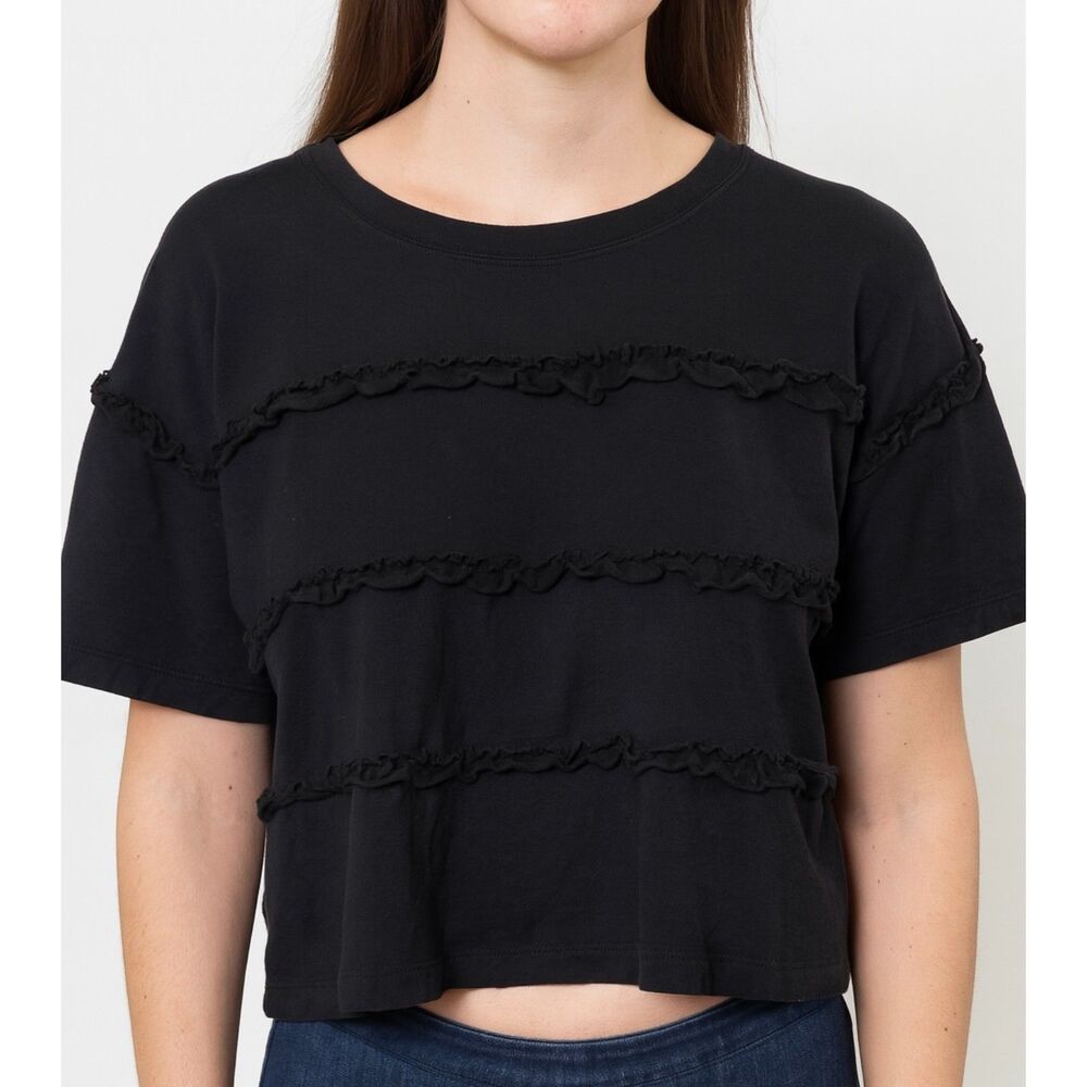 Current Elliott The Claudia Tee Black Ruffle Crop Top Womens Size 1‎ Made in USA
